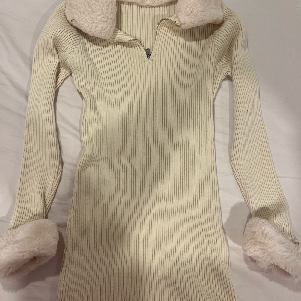 Cream Ribbed Sweater Dress with Faux Fur Trim